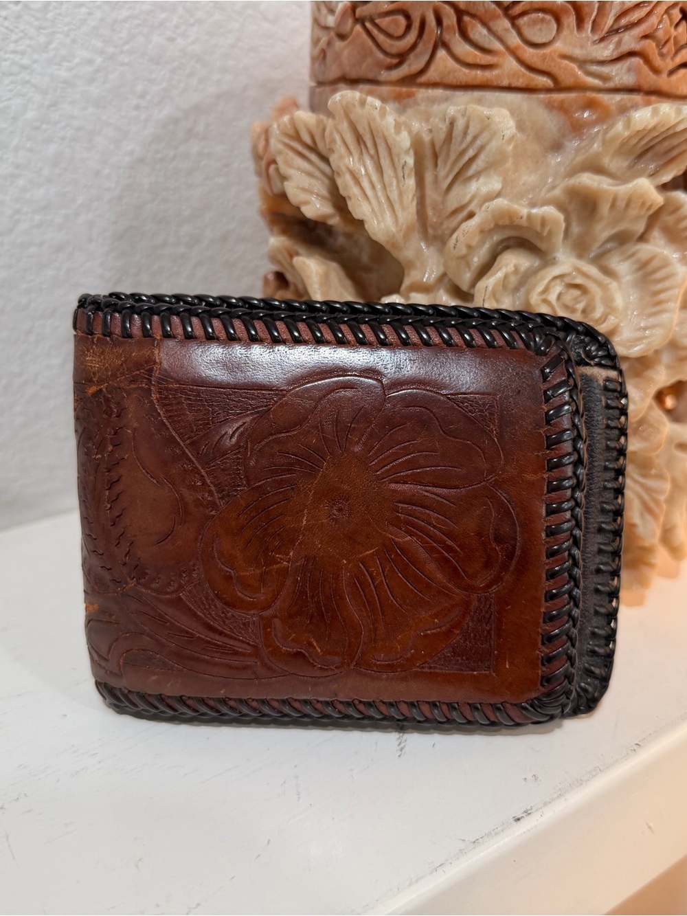 Vintage Tooled Leather Wallet Money Clip Western Floral